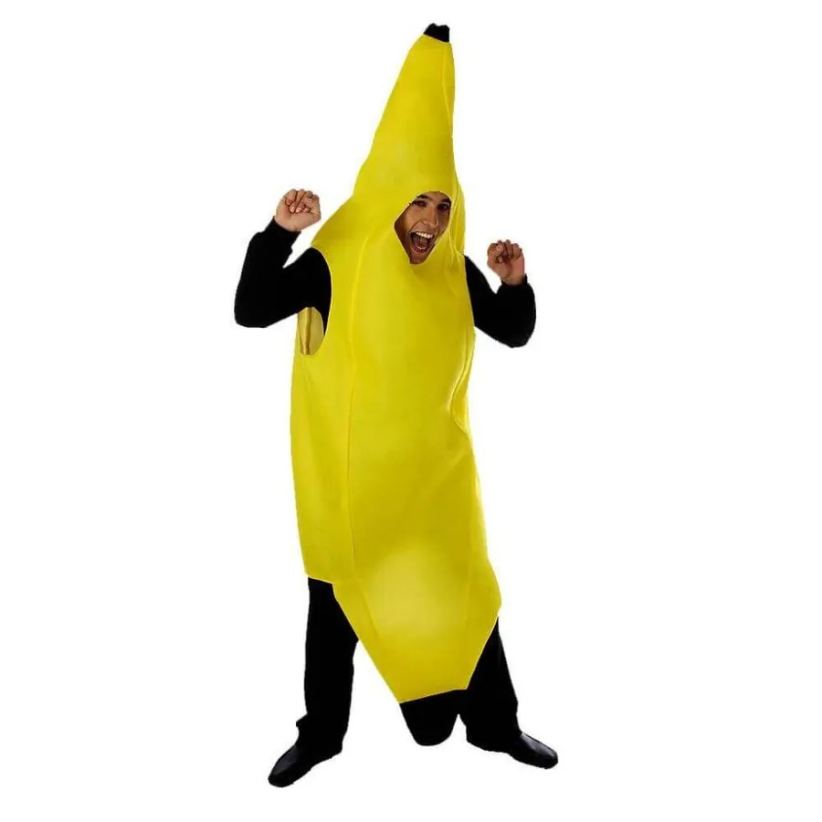 Person wearing a bright yellow banana costume