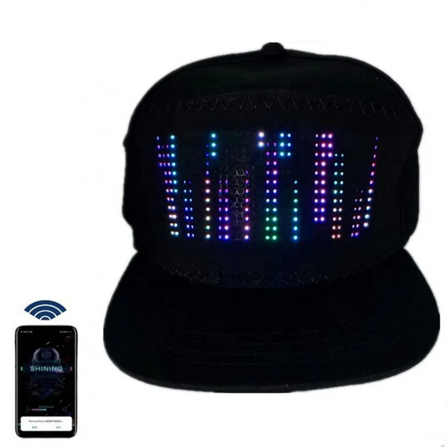 Black snapback cap with a colorful LED display panel on the front