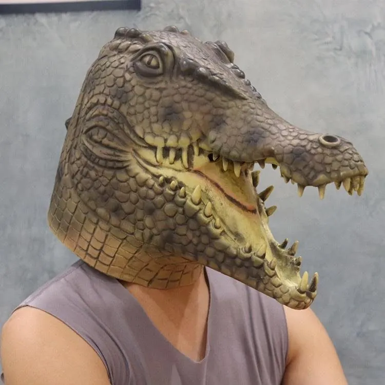 Realistic latex crocodile head mask worn over the head