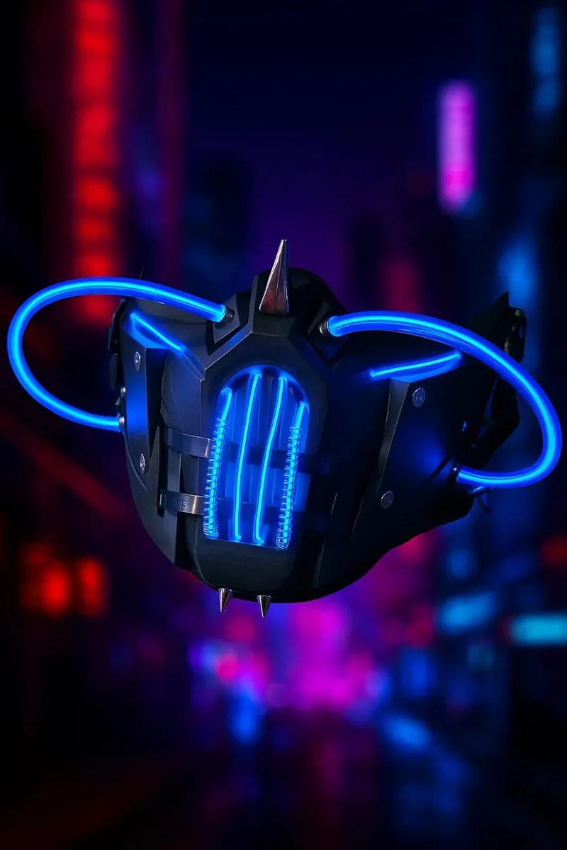 Black cyberpunk half mask with glowing light tubes and metal spikes