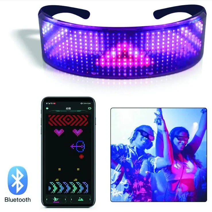 Curved LED matrix glasses displaying an animated pixel pattern