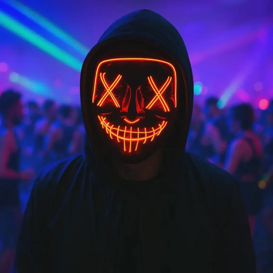 Person in a hoodie wearing a glowing wire grin mask