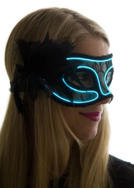 Elegant black lace masquerade mask outlined in glowing aqua wire