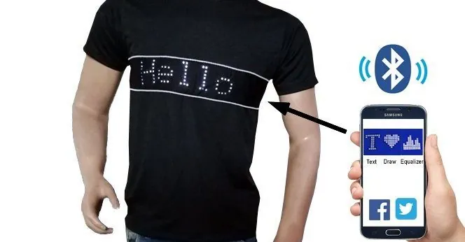 Black t-shirt with an LED strip displaying a scrolling text message