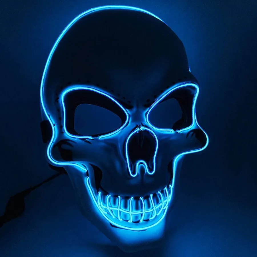 White skull mask outlined in glowing neon wire