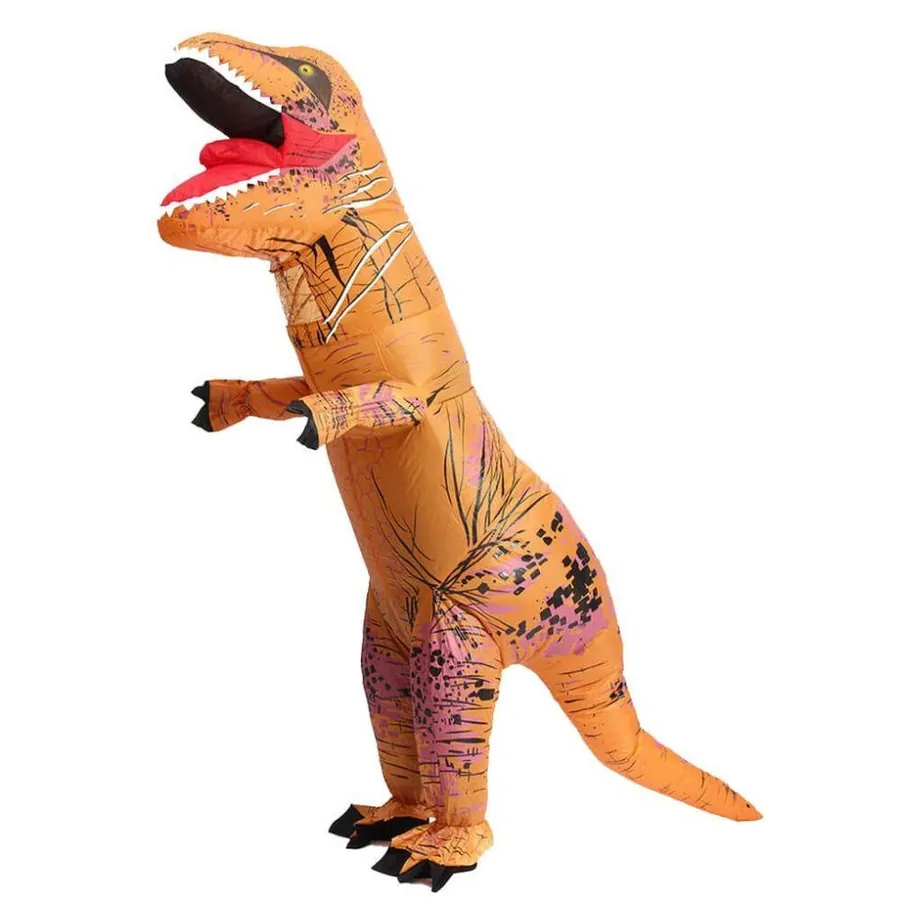 Person wearing an inflatable T-Rex dinosaur costume